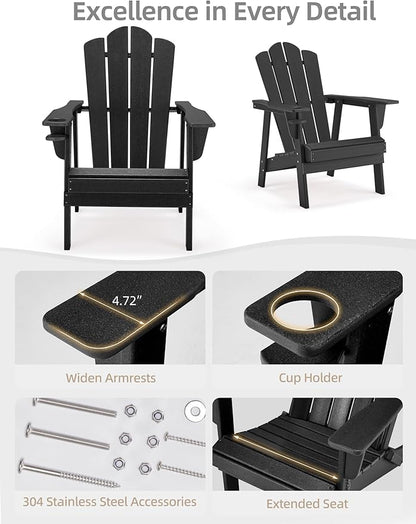 Adirondack Chair - Durable HDPE Poly Lumber All-Weather Resistant, Oversized Balcony Porch Patio Outdoor Chair for Lawn, Backyard, Deck, Garden, Camping - Easy Installation, Black