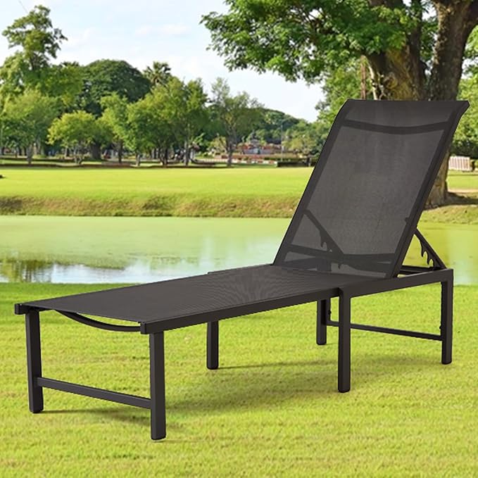 Lounge Chair Outdoor Set of 4, Foldable & Assembly Free Aluminum Chaise Lounge Chair with 5-Position Recliner, Pool Lounge Chairs for Outside Poolside Beach Lawn (Black)