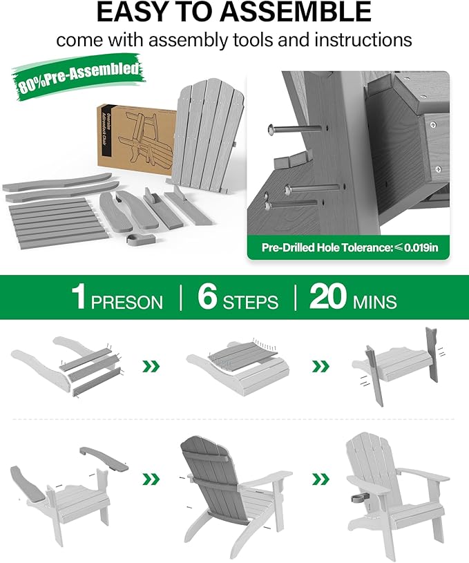Oversized Plastic Adirondack Chair Set of 2 with Cup-Holder (Large Dual-Purpose), Weather Resistant, Poly Lumber Outdoor Chairs Duty Rating Widely Used in Patio, Lawn, Outside, Deck, Garden Chair-Grey