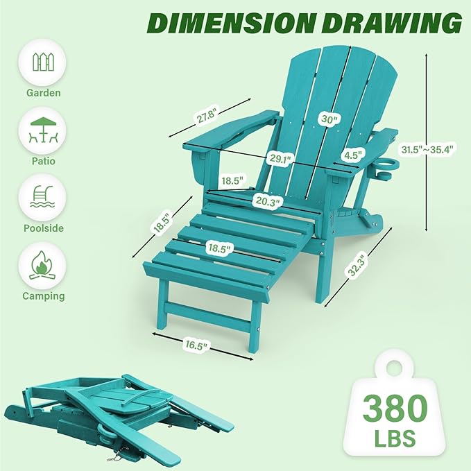 LOUNZY Folding Adjustable Adirondack Chair with Retractable Ottoman, HDPE Recliner Adirondack Chair with Cup Holder for Deck Lawn Fire Pit, Aruba