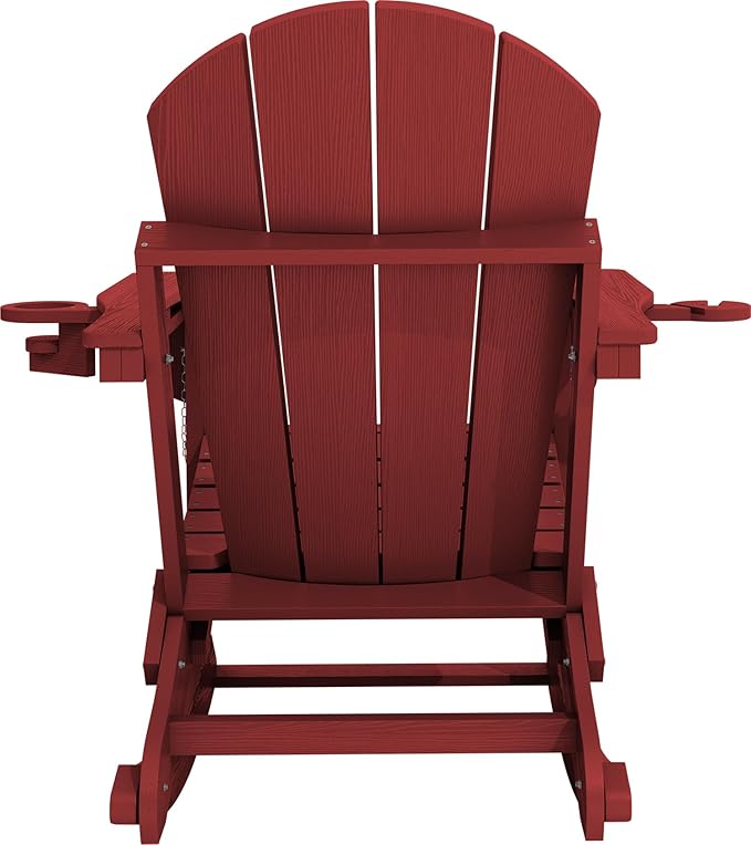 KINGYES Adirondack Rocking Chair with Retractable Ottoman and Cup Holders, HDPE Adirondack Rocker Patio Rocking Chair for Porch, Patio, Balcony, Burgundy Red