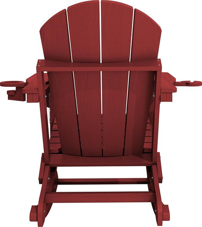 KINGYES Adirondack Rocking Chair with Retractable Ottoman and Cup Holders, HDPE Adirondack Rocker Patio Rocking Chair for Porch, Patio, Balcony, Burgundy Red
