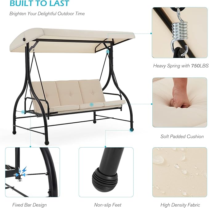 AECOJOY Porch Swing Chair, 3 Seats Porch Swing Adjustable Canopy Outdoor Swing with Stand Patio Swing Bed with - Photo 3