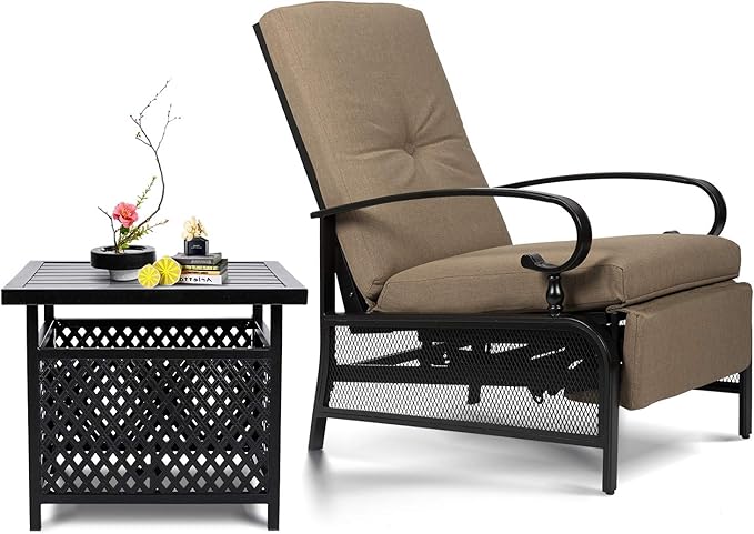 SUNCROWN Outdoor Recliner Chair Patio Adjustable Recliner Chair and Side Bistro Table with Umbrella Hole, Brown - Photo 1