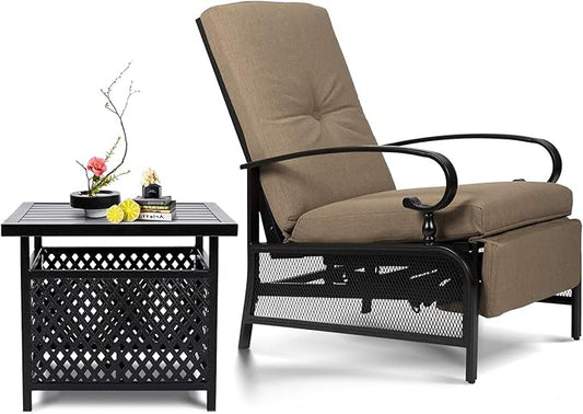 SUNCROWN Outdoor Recliner Chair Patio Adjustable Recliner Chair and Side Bistro Table with Umbrella Hole, Brown
