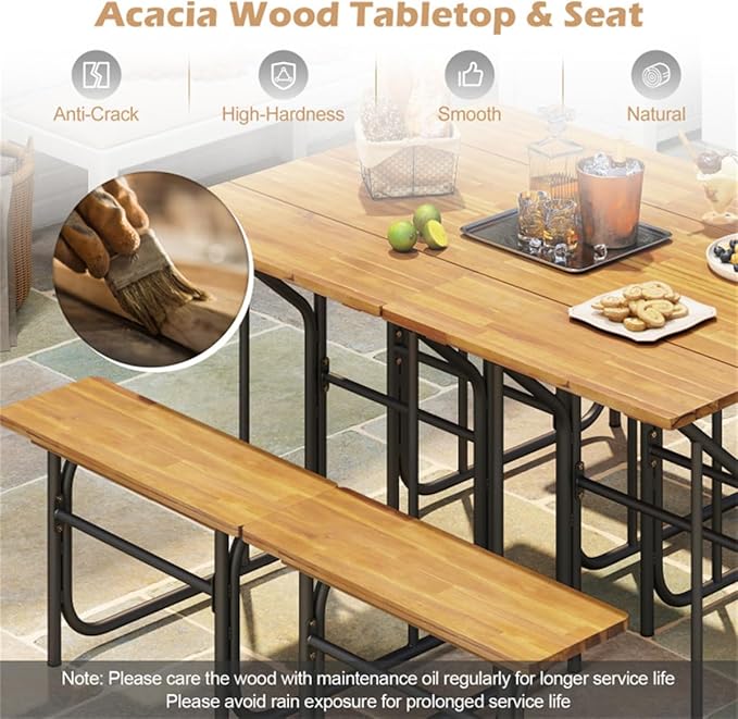 Acacia Wood Outdoor Table and Bench Set, Table and Chairs Set for Garden Picnic, Patio Furniture Set, Outdoor Bench Garden Benchs Park Benchs for Pool Beachs Backyard