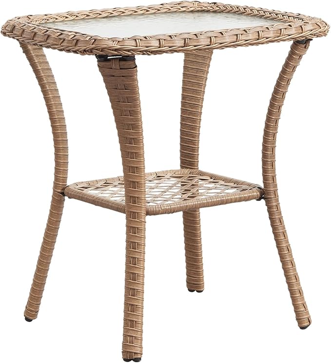 Rilyson Patio Tables Wicker Side Table - Rattan Coffee Tables with Glass Top End Table for Outdoor Outside Patio Porch Square Yellow