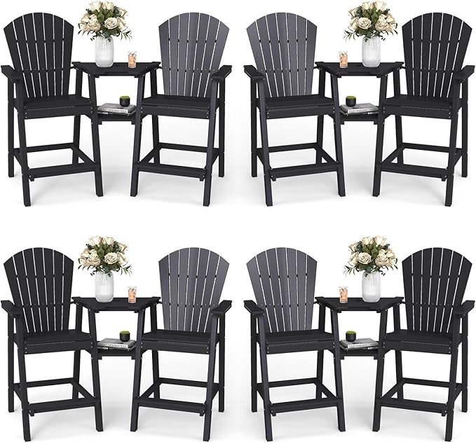 FOOWIN Tall Adirondack Chair Set of 8, All Weather HDPE Bar Height Adirondack Chair with Double Connecting Trays, Adirondack Barstools for Balcony, Deck, Backyard, Patio, Garden Black