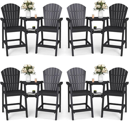 FOOWIN Tall Adirondack Chair Set of 8, All Weather HDPE Bar Height Adirondack Chair with Double Connecting Trays, Adirondack Barstools for Balcony, Deck, Backyard, Patio, Garden Black