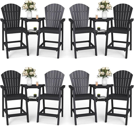 FOOWIN Tall Adirondack Chair Set of 8, All Weather HDPE Bar Height Adirondack Chair with Double Connecting Trays, Adirondack Barstools for Balcony, Deck, Backyard, Patio, Garden Black