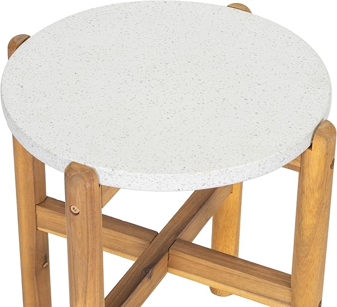 Christopher Knight Home Seeley Patio Acacia Wood Coffee Table, Indoor/Outdoor Table for Garden/Backyard/Poolside/Balcony Cafeteria, Lightweight Concrete Round Top Outdoor Side Table, Milky White+Teak