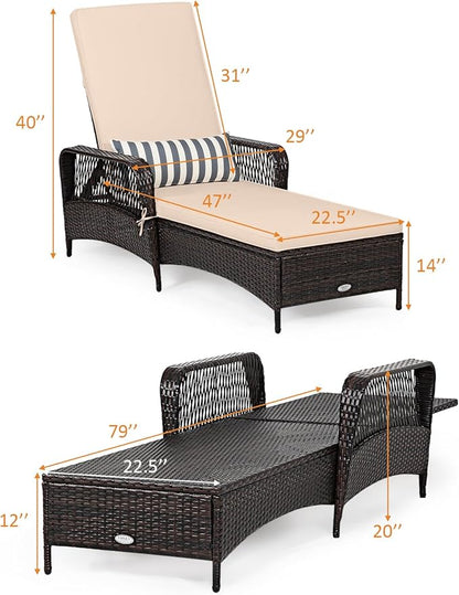 Tangkula Wicker Chaise Lounge Outdoor, Patio Rattan Reclining Chaise with 6-Gear Adjustable Backrest, Thick Padded Cushion & Removable Lumbar Pillow, Pool Lounge Chairs for Outside Balcony Backyard