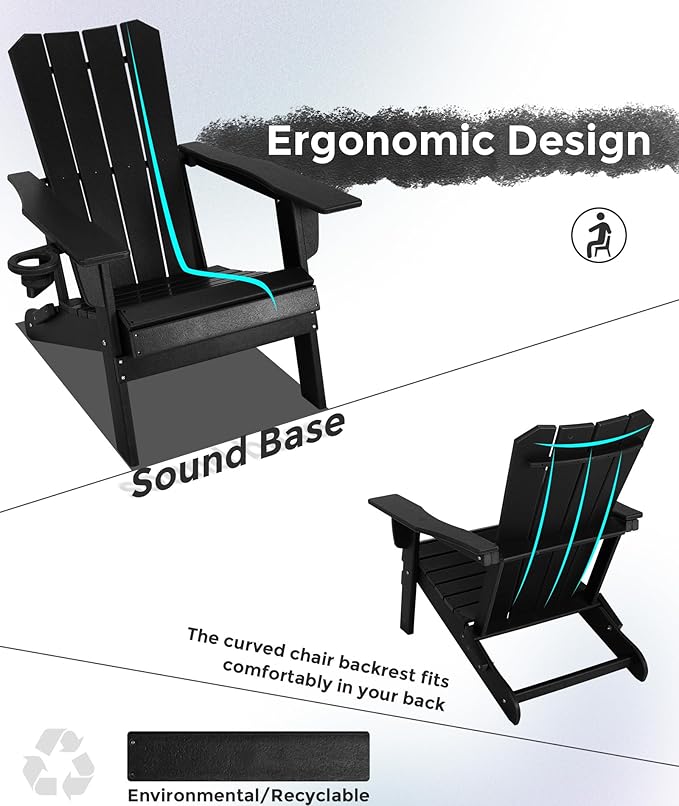 Adirondack Chair Oversized Folding Adirondack Chairs Recyclable HDPE Modern Adirondack Chair with Cup Holder Poly Lumber Patio Chairs for Pool Patio Garden Outdoors Fire Pit Black