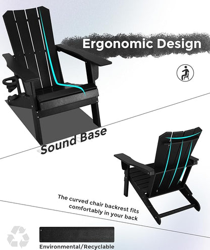 Adirondack Chair Oversized Folding Adirondack Chairs Recyclable HDPE Modern Adirondack Chair with Cup Holder Poly Lumber Patio Chairs for Pool Patio Garden Outdoors Fire Pit Black