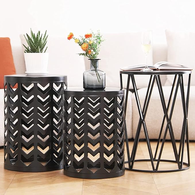 Y&M Set of 3 Black End Tables, Nesting Metal Round Coffee Table, Heavy Duty Meta Plant Stand Decorative Garden Stool, Outdoor Multifunctional Use
