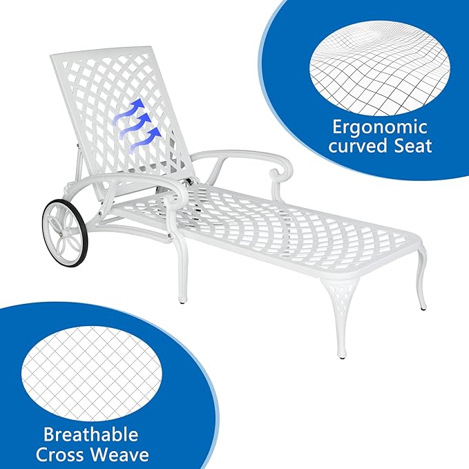 Cast Aluminum Outdoor Chaise Lounge Chair with Wheels, Patio Chaise Lounge with 3-Position Adjustable Backrest - Photo 6