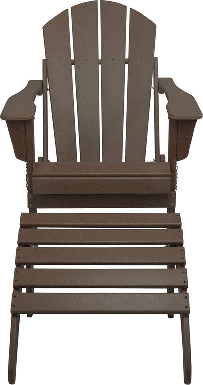 WestinTrends Malibu Outdoor Lounge Chair, 2-Pieces Adirondack Chair Set with Ottoman, All Weather Poly Lumber Patio Lawn Folding Chairs for Outside Pool Garden Backyard Beach, Dark Brown