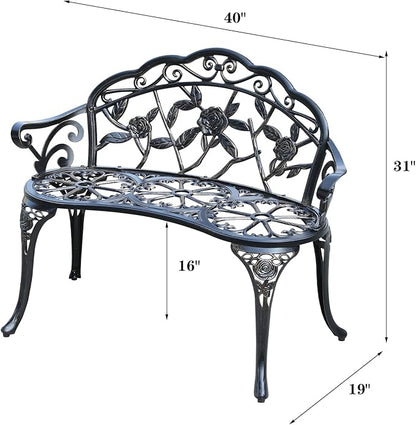 Cast Aluminium Outdoor Bench, Rose Garden Bench for Patio,Park,Lawn,Yard (Bronze)