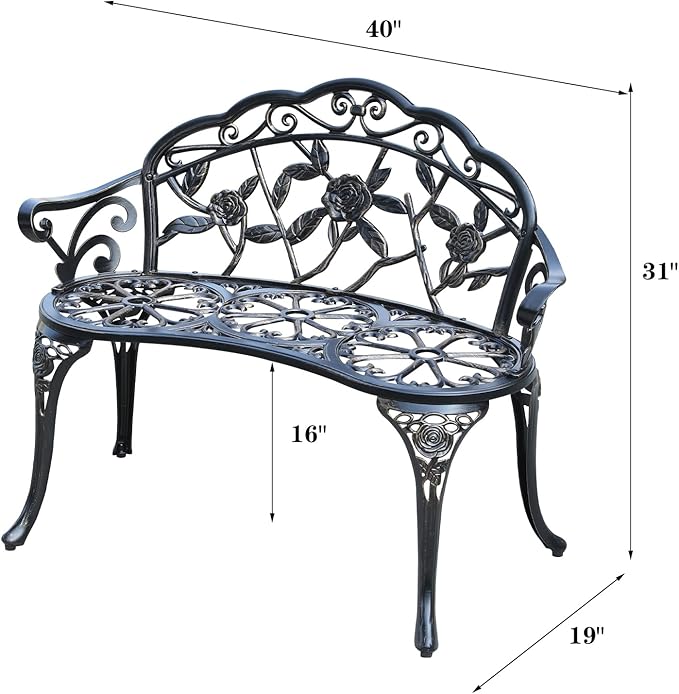 Cast Aluminium Outdoor Bench, Rose Garden Bench for Patio,Park,Lawn,Yard(Bronze)