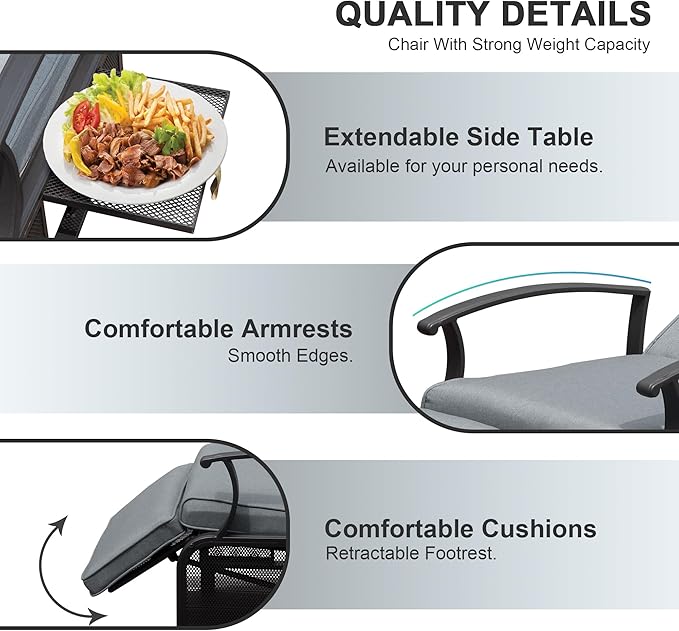 Domi Adjustable Patio Recliner Chair Metal Outdoor Lounge Chair with Flip Table Push Back, Adjustable Angle, Removable Cushions, Support 350lbs, Gray