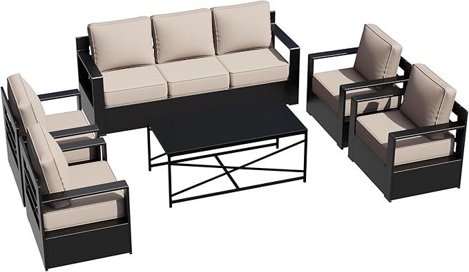 Outdoor Aluminum Furniture Set, 6-Piece Patio Conversation Set, 4 Chairs 1 Sofa and 1 Table, All-Weather Metal Frame, 6" Thick Removable Cushions, Deep Setting for Garden, Poolside and Porch