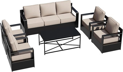 Outdoor Aluminum Furniture Set, 6-Piece Patio Conversation Set, 4 Chairs 1 Sofa and 1 Table, All-Weather Metal Frame, 6" Thick Removable Cushions, Deep Setting for Garden, Poolside and Porch