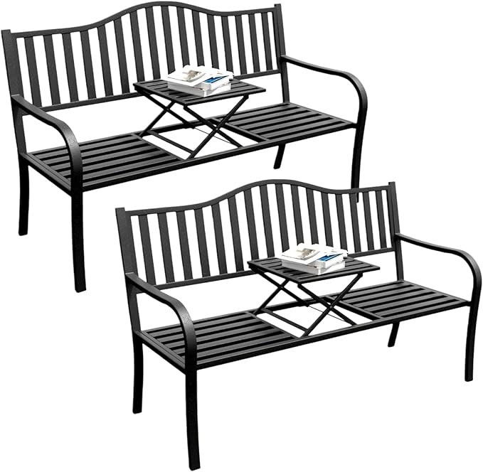 SHGJ&SOFT Outdoor Bench, Garden Bench,Outdoor Metal Frame Patio Park Bench with a Small Table,for Porch, Lawn,Garden,Yard (BK04-2PACK)