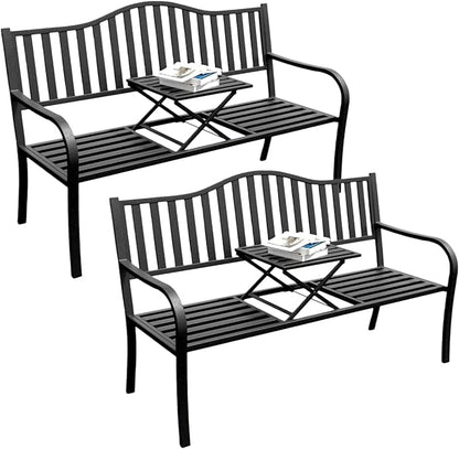 SHGJ&SOFT Outdoor Bench, Garden Bench,Outdoor Metal Frame Patio Park Bench with a Small Table,for Porch, Lawn,Garden,Yard (BK04-2PACK)