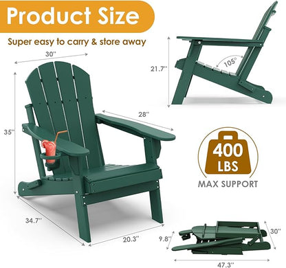 IVY&LANE Folding-Adirondack-Chairs-Set-of-4 | HDPE Plastic | Outdoor Fire Pit Chair with Cup Holder | Forest Green | Poly | Weather Resistant | for Patio Deck Poolside Garden Beach