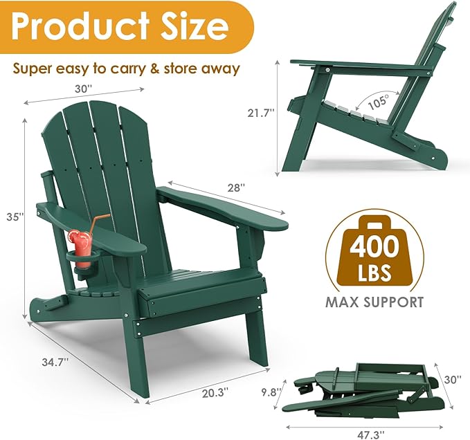 IVY&LANE Folding-Adirondack-Chairs-Set-of-2 | HDPE Plastic | Outdoor Fire Pit Chair with Cup Holder | Forest Green | Poly | Weather Resistant | for Patio Deck Poolside Garden Beach