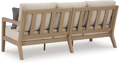 Signature Design by Ashley Hallow Creek Cottage Nuvella Weather Resistant Fabric Outdoor Sofa with Cushion and 4 Throw Pillows, Light Brown & Beige