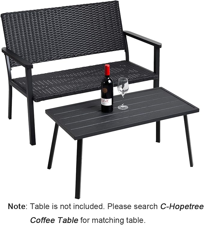 C-Hopetree Outdoor Loveseat Bench Chair for Outside Patio Porch, Metal Frame, Black All Weather Wicker