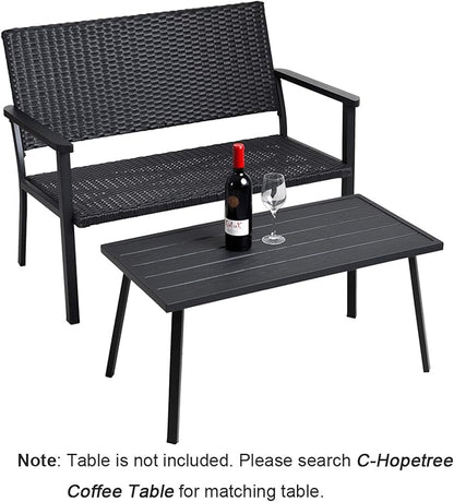 C-Hopetree Outdoor Loveseat Bench Chair for Outside Patio Porch, Metal Frame, Black All Weather Wicker