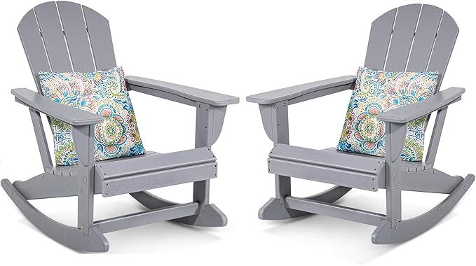 Sundale Outdoor Rocking Chair Set of 2 with Pillow, Patio Plastic All Weather Adirondack Rocker for Proch, Water Resistant for Outside, Garden, Pool, Yard, Grey