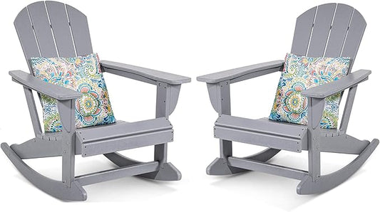 Sundale Outdoor Rocking Chair Set of 2 with Pillow, Patio Plastic All Weather Adirondack Rocker for Proch, Water Resistant for Outside, Garden, Pool, Yard, Grey