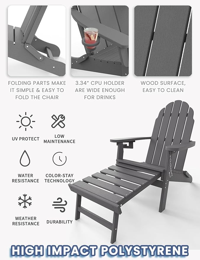 Folding Adirondack Chair with Retractable Ottoman, HDPE Plastic Patio Chairs for All Weather, Fire Pit Chair with Cup Holder, Outdoor Lawn Chairs for Deck, Porch, Backyard, Gray