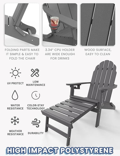 Folding Adirondack Chair with Retractable Ottoman, HDPE Plastic Patio Chairs for All Weather, Fire Pit Chair with Cup Holder, Outdoor Lawn Chairs for Deck, Porch, Backyard, Gray