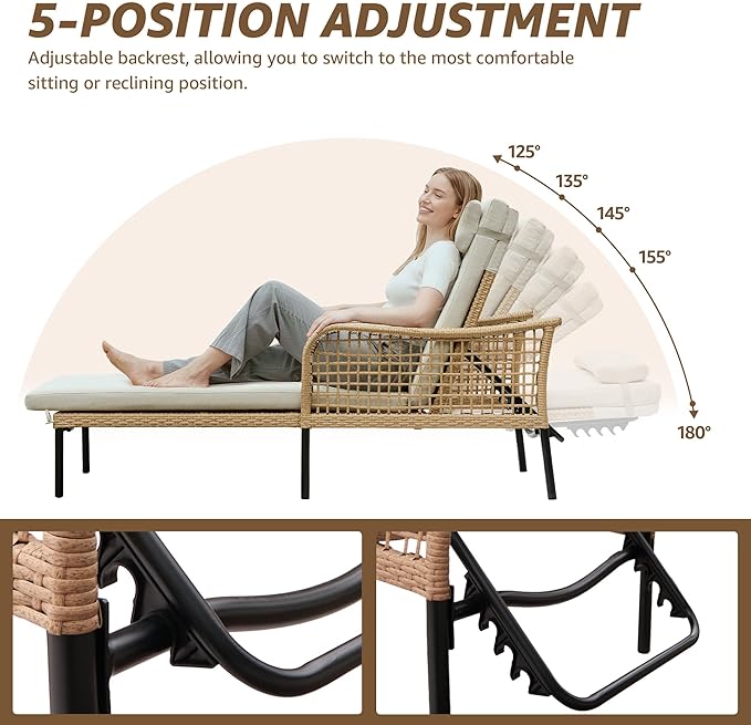 NATURAL EXPRESSIONS Aluminum Outdoor Chaise Lounge Chairs, Wicker Patio Lounge Chair Set of 2 with Side Table, 5-Position Recliner with Headrest Cushion for Yard, Pool (Beige)