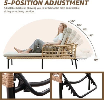 NATURAL EXPRESSIONS Aluminum Outdoor Chaise Lounge Chairs, Wicker Patio Lounge Chair Set of 2 with Side Table, 5-Position Recliner with Headrest Cushion for Yard, Pool (Beige)