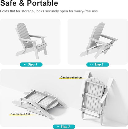 HDPE Foldable Adirondack Outdoor Chair Set of 2 with Cup Holder, Weather Resistant Heavy-Duty Patio Chair for Patio, Backyard, Deck, Fire Pit, Lawn and Porch, White