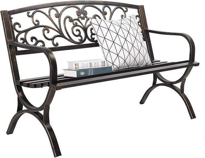 Outdoor Garden Bench,Cast Aluminum Metal Frame Patio Park Bench,Patio Garden Bench with Backrest & Armrest,Patio Seating Bench,Arch Legs for Outdoor Garden,Porch,Backyard,Poolside (50")