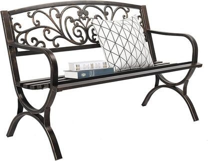 Outdoor Garden Bench,Cast Aluminum Metal Frame Patio Park Bench,Patio Garden Bench with Backrest & Armrest,Patio Seating Bench,Arch Legs for Outdoor Garden,Porch,Backyard,Poolside (50")