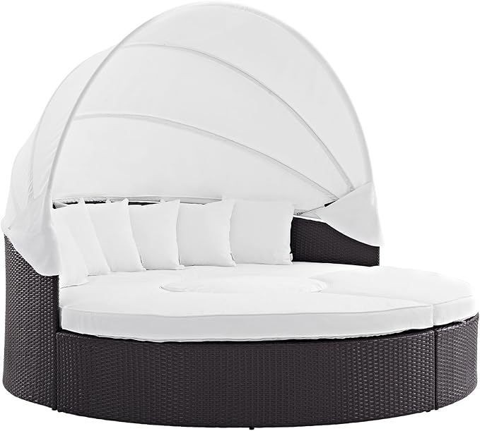 Modway Convene Wicker Rattan Outdoor Patio Retractable Canopy Round Poolside Sectional Sofa Daybed with Cushions in Espresso White