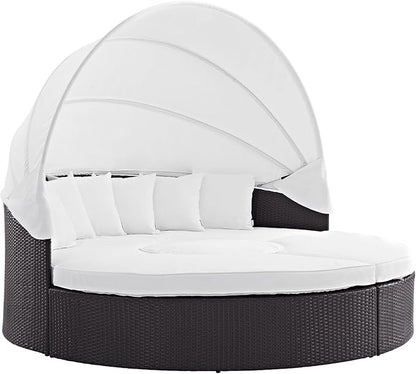 Modway Convene Wicker Rattan Outdoor Patio Retractable Canopy Round Poolside Sectional Sofa Daybed with Cushions in Espresso White