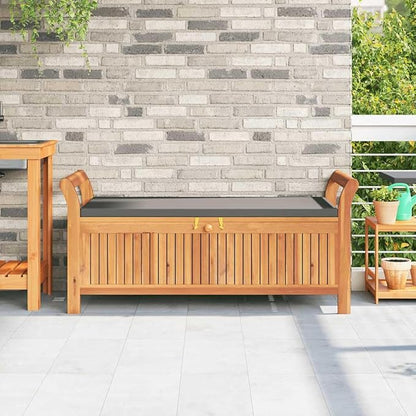 Garden Storage Bench Wood with Dark Grey Cushion, Solid Acacia Wood Outdoor Furniture with Removable Seat for Patio, Durable Weather-Resistant Storage Solution for Gardens