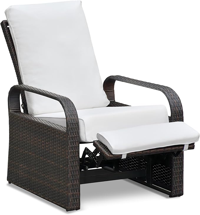 ATR ART TO REAL Outdoor Wicker Recliner Chair with 5.5'' Cushions, Automatic Adjustable Patio Lounge Chairs, Aluminum Frame Reclining Chair for Lawn Backyard Porch Poolside Deck (White)