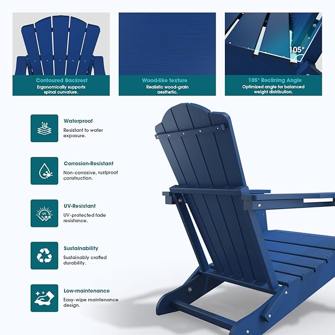 Folding Adirondack Chair,HDPE All-Weather Outdoor Chair with Cup Holder,Wooden Textured,Fire Pit Chair,Plastic Patio Chair for Deck,Backyard,Garden,Lawn(Navy Blue)