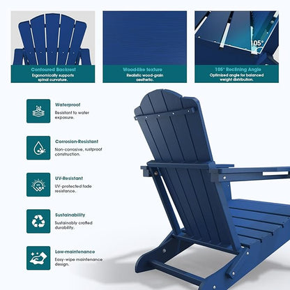 Folding Adirondack Chair Set of 4,HDPE All-Weather Outdoor Chair with Cup Holder,Wooden Textured,Fire Pit Chair,Plastic Patio Chair for Deck,Backyard,Garden,Lawn(Navy Blue)