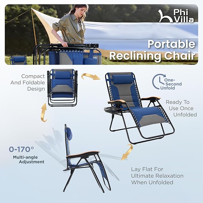 PHI VILLA XXL Oversized Padded Zero Gravity Chair Set of 2, Foldable Patio Recliner, 30" Wide Seat Anti Gravity Lounger with Armrest and Cup Holder, Support 400 LBS (Thumb Blue)