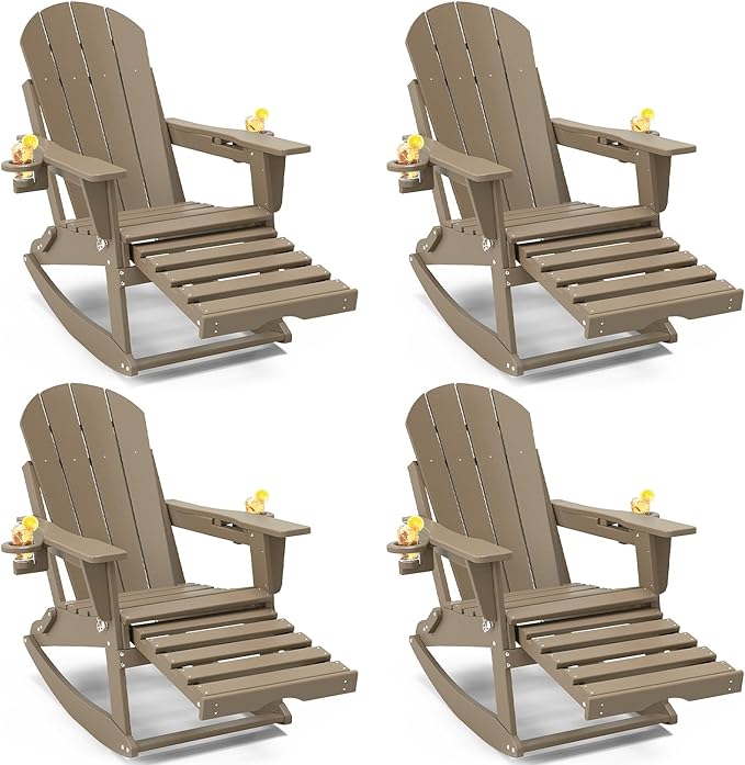 Adirondack Rocking Chairs Set of 4 with Retractable Ottoman, All Weather Folding Adirondack Chair with Two Cup Holders, Adirondack Outdoor Rocking Chairs for Porch, Patio, Balcony. Brown